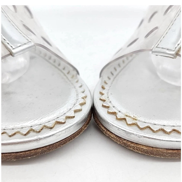 CHANEL Silver Leather And Clear Perforated PVC Slingback Heels - Picture 4 of 16